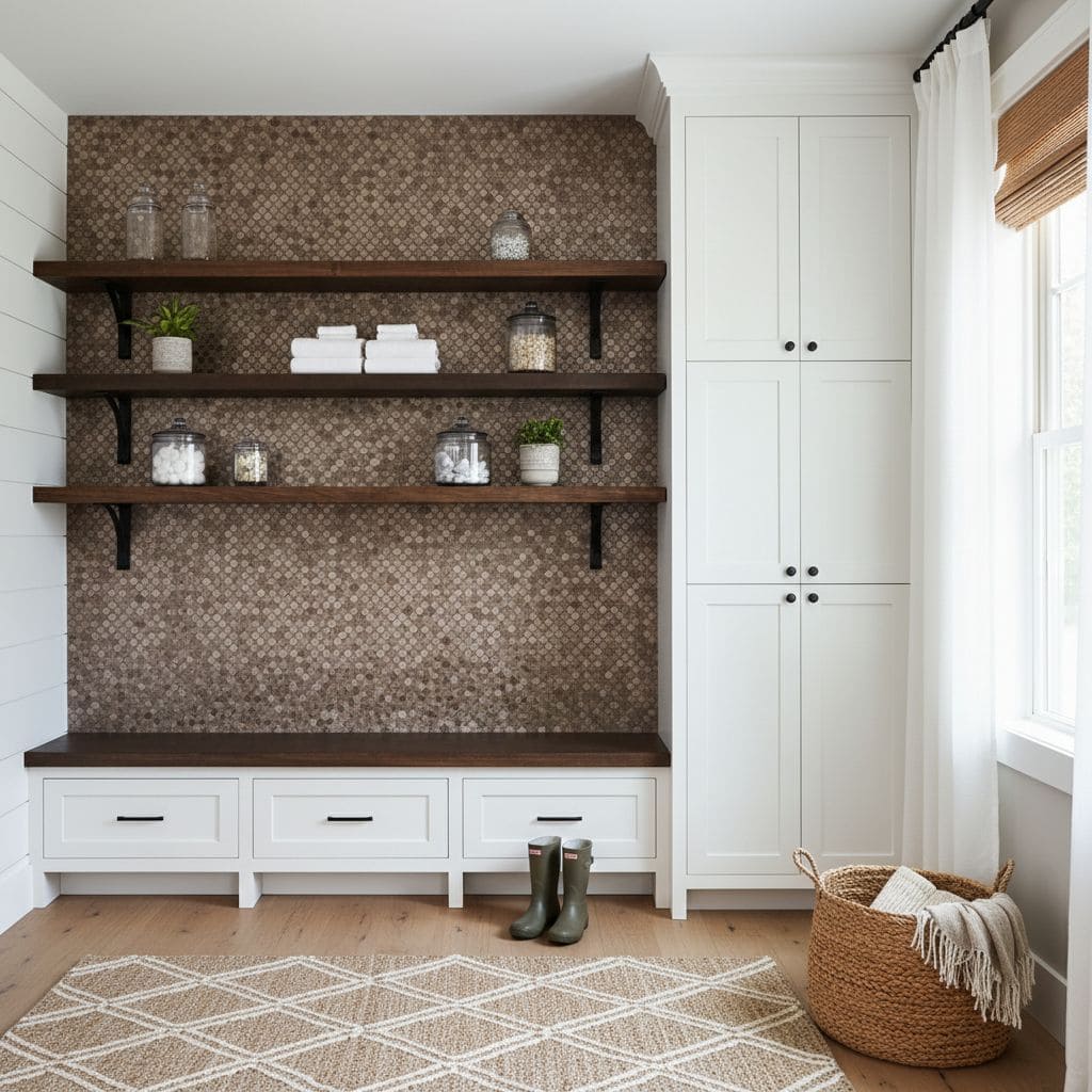 Peel and stick wall tile in a cozy, modern kitchen with open shelving and natural light. Perfect for easy backsplash updates.