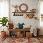 Decorative shell tile accents in a cozy entryway scene.
