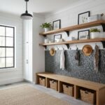 Removable peel and stick tile backsplash with hooks and baskets in a modern kitchen setting.
