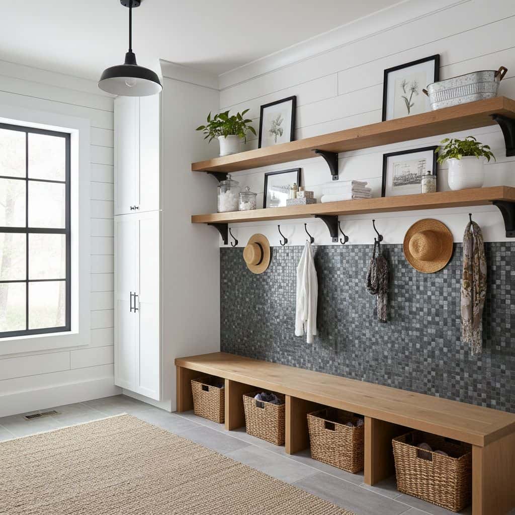 Removable peel and stick tile backsplash with hooks and baskets in a modern kitchen setting.