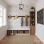 A cozy entryway featuring a textured wall with mother of pearl shell tile accents, wooden storage, and decorative hats, creat.