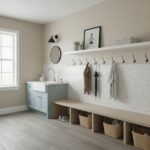 Close-up of a stylish interior featuring a shell tile backsplash with mother of pearl, complemented by minimalist decor and n.