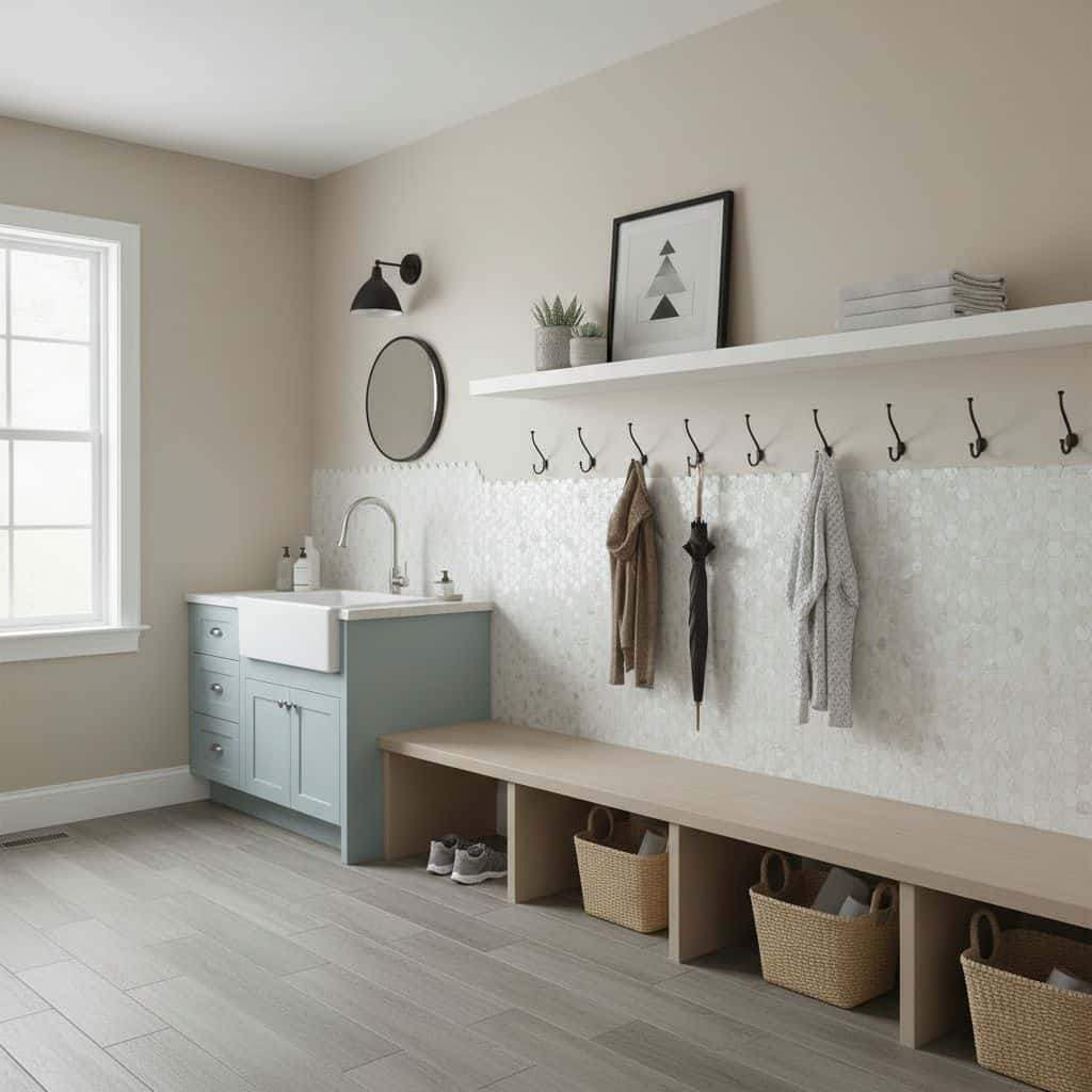 Close-up of a stylish interior featuring a shell tile backsplash with mother of pearl, complemented by minimalist decor and n.