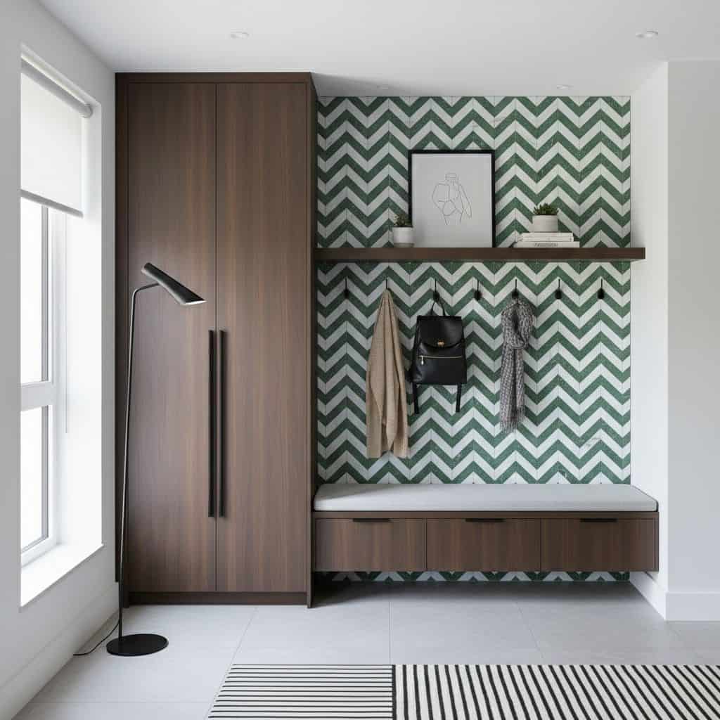 Bright modern entryway with peel and stick wall tile in a chevron pattern, featuring a wooden storage bench and minimalist de.