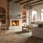 Warm-toned ceramic tiles with textured surface, complemented by a stone fireplace and soft furnishings.