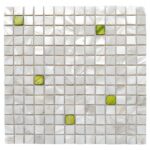 Elegant shell tile with mother of pearl and green accents, perfect for luxurious interior design.