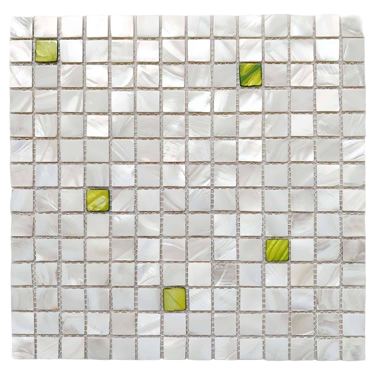 Elegant shell tile with mother of pearl and green accents, perfect for luxurious interior design.