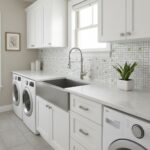 A bright laundry room featuring a shell tile backsplash, white cabinets, and modern appliances, creating a fresh and airy spa.