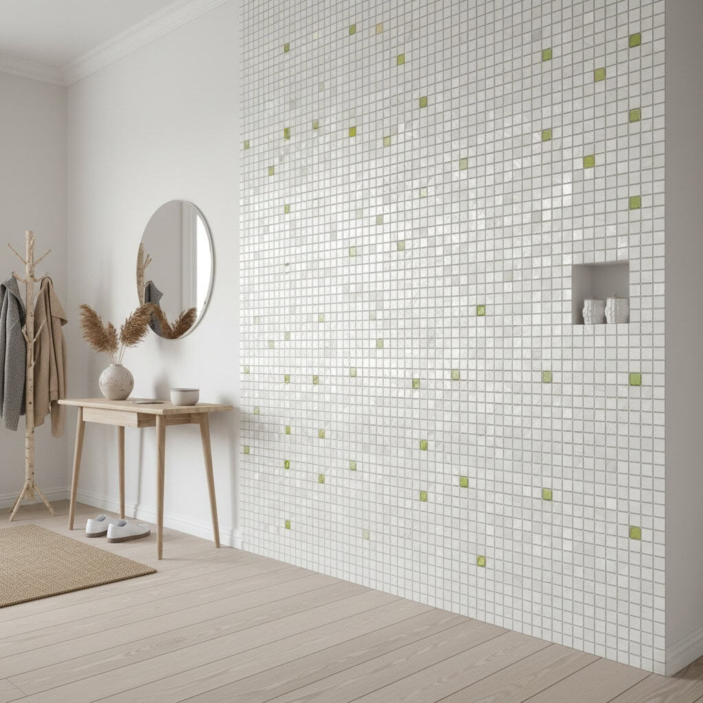Mother of pearl shell tile wall with small green accents, modern and elegant design for home interiors.