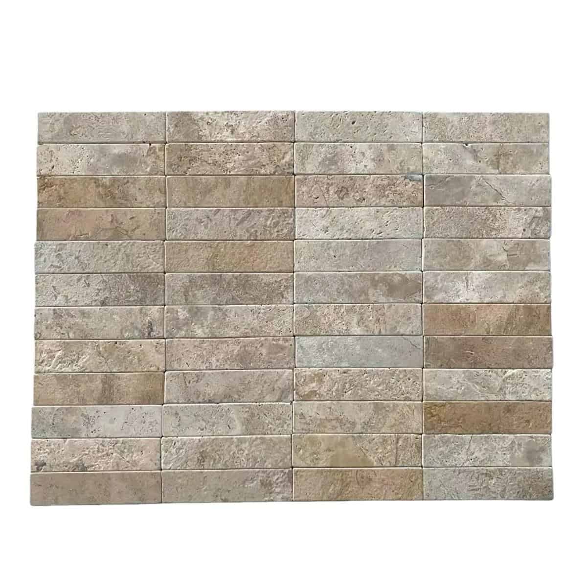 Beige and gray stone brick tile with a natural, textured surface, suitable for interior and exterior wall or floor design.