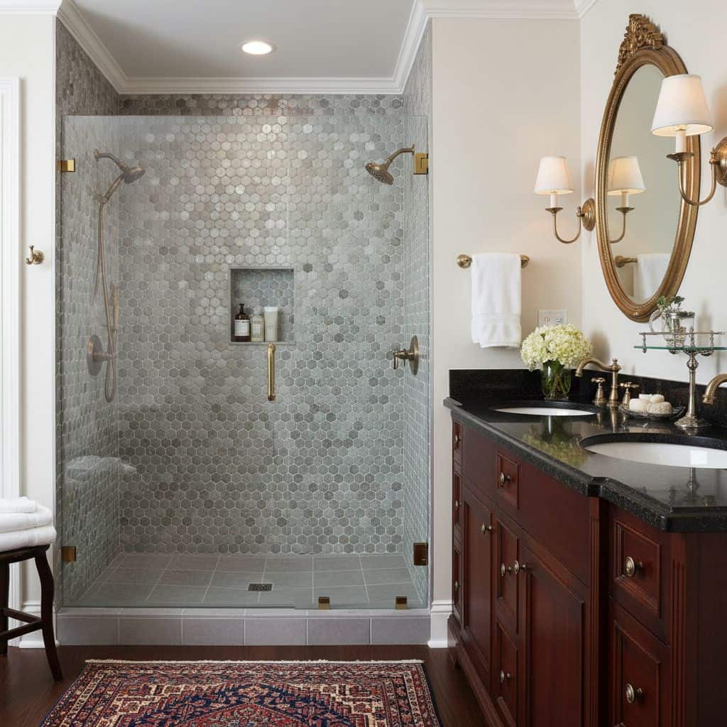 Light gray hexagon tiles with textured surface in shower area.