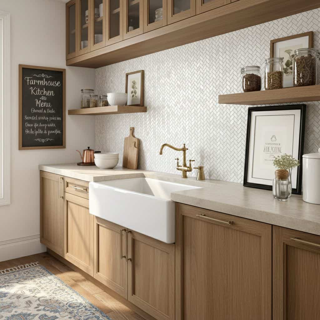Mother of pearl shell tile used as a backsplash in a modern kitchen with wooden cabinets and brass fixtures.