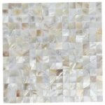 Elegant mother of pearl shell tile with iridescent, shimmering seashell pieces arranged in a mosaic pattern.