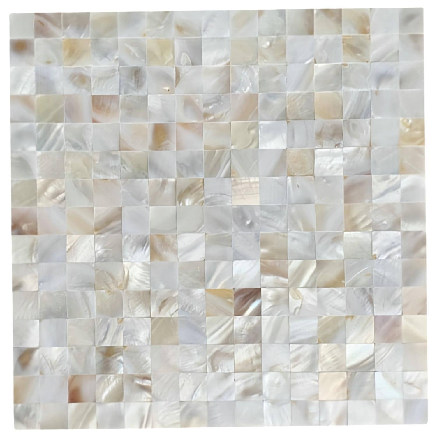 Elegant mother of pearl shell tile with iridescent, shimmering seashell pieces arranged in a mosaic pattern.