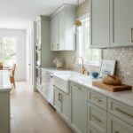 Bright kitchen featuring seashell tile backsplash, white countertops, and gold hardware accents.