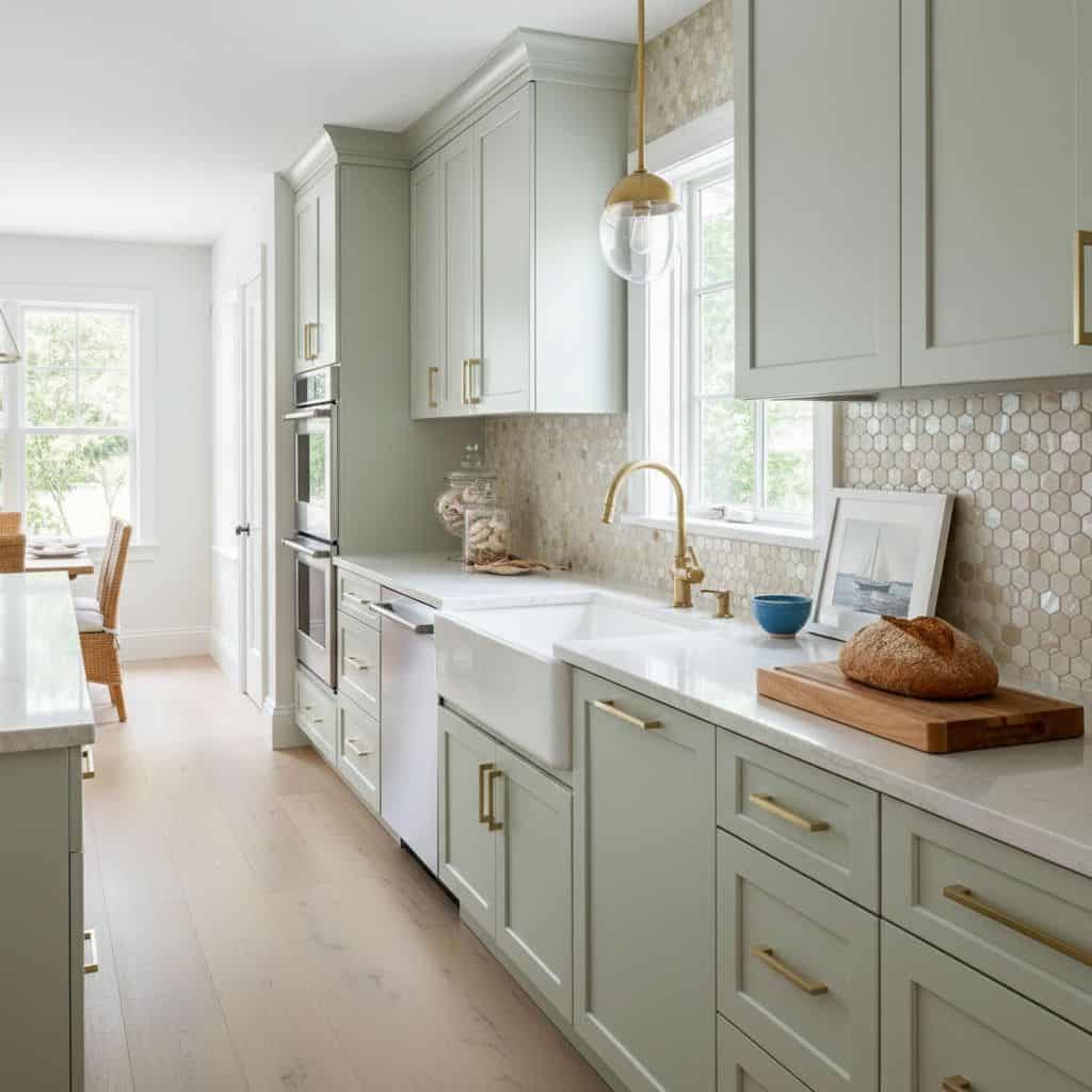 Bright kitchen featuring seashell tile backsplash, white countertops, and gold hardware accents.