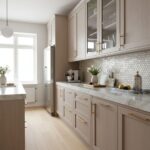 Mother of pearl shell tile backsplash in a modern kitchen with light cabinetry and marble countertops.