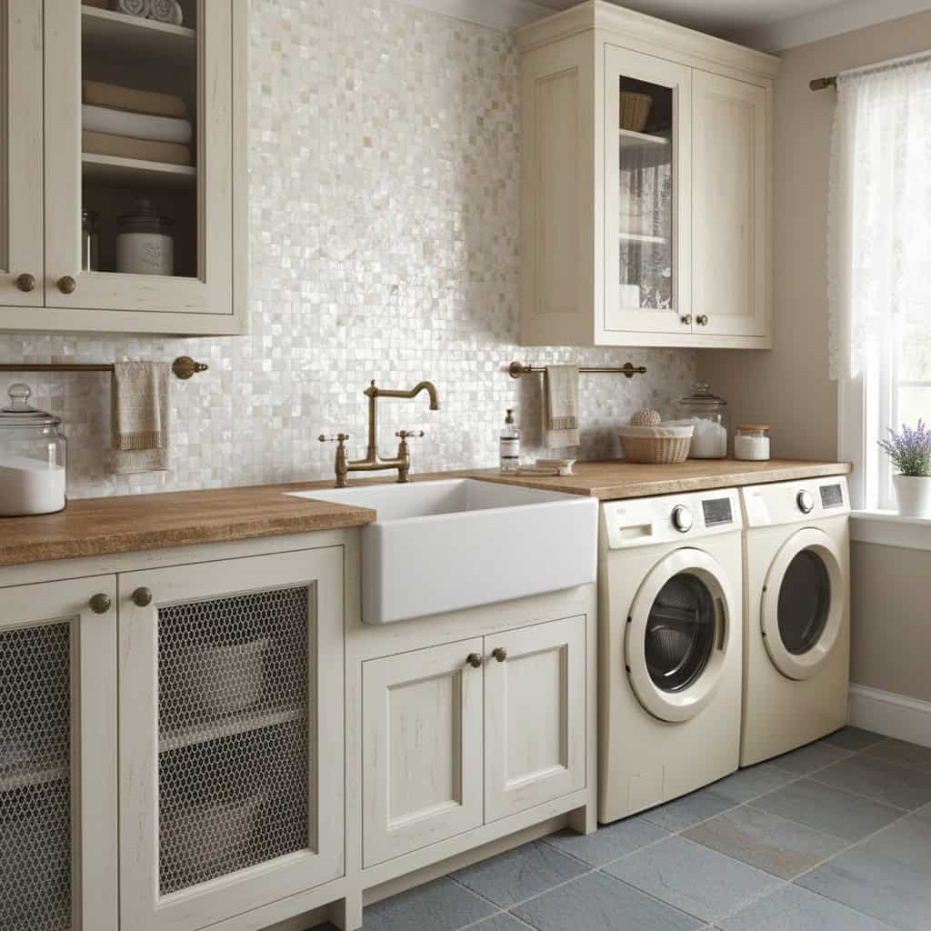 A cozy laundry room featuring a white farmhouse sink, shell tile backsplash, and washer-dryer units with natural light from a.