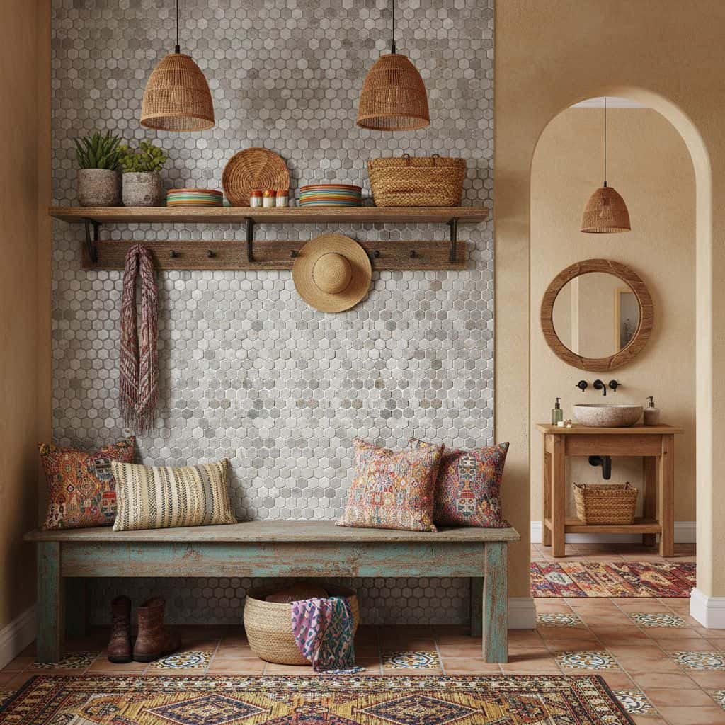 Hexagon tiles in neutral tones with textured surface, creating a warm and inviting rustic ambiance.