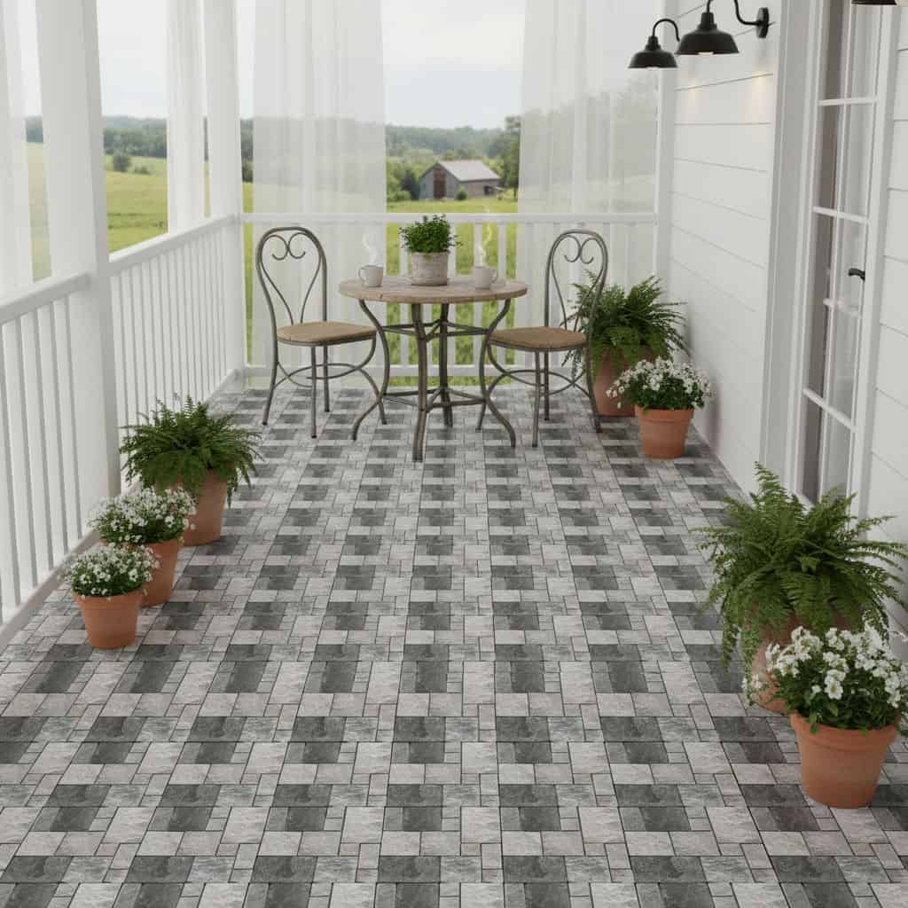 Porcelain tile with gray and white tones, textured surface, and modern geometric pattern.