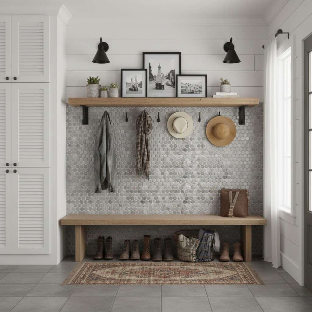 Hexagon patterned tile wall in neutral tones with hooks for hats and scarves, complemented by wooden bench and decor for a co.