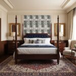 Stone tile wall, textured gray surface, behind a luxurious four-poster bed.