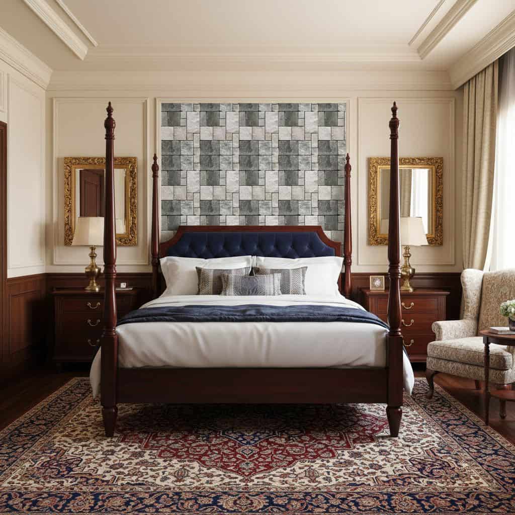Stone tile wall, textured gray surface, behind a luxurious four-poster bed.