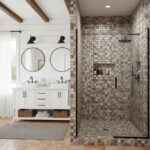 Bright bathroom featuring a rustic mosaic tile shower with earthy tones and textured surface.