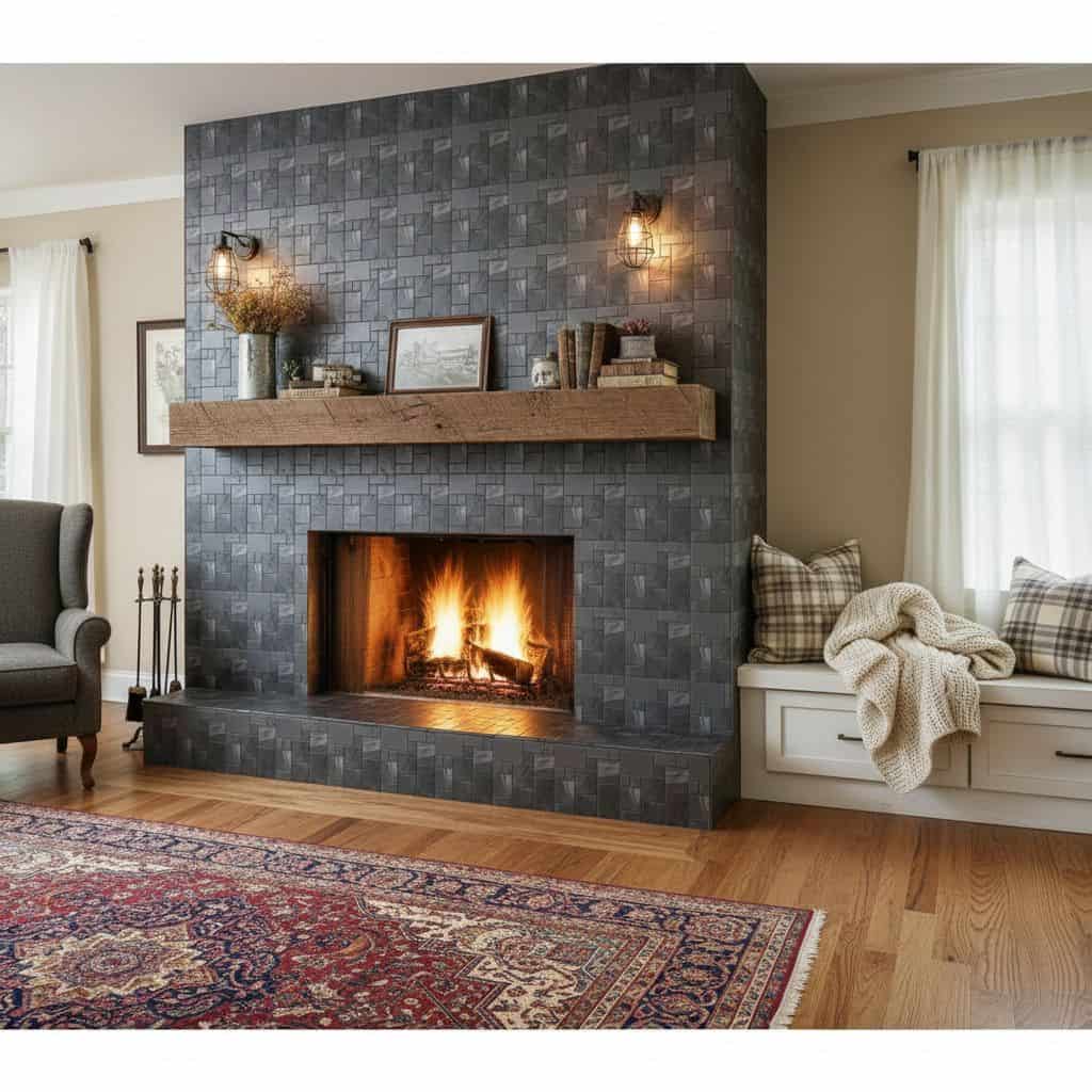 Dark slate gray textured tile fireplace wall with a rustic wooden mantel and warm fire, creating a cozy and contemporary livi.