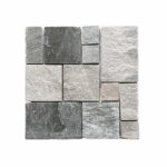 Natural gray stone tiles with textured surface and varied sizes.