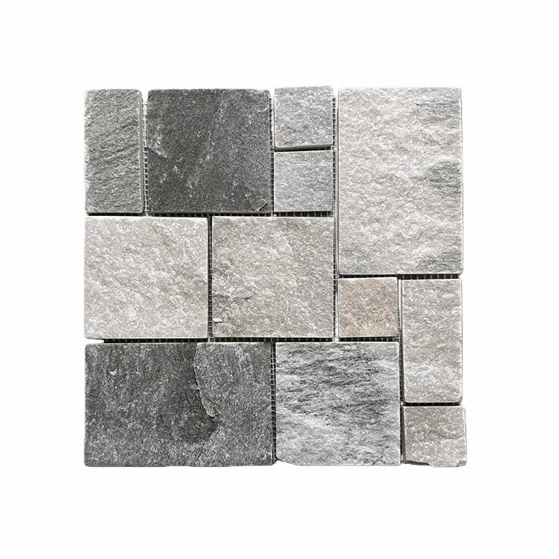 Natural gray stone tiles with textured surface and varied sizes.