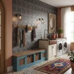 Bright laundry room featuring textured gray tiles, wooden accents, and vintage-inspired lighting.