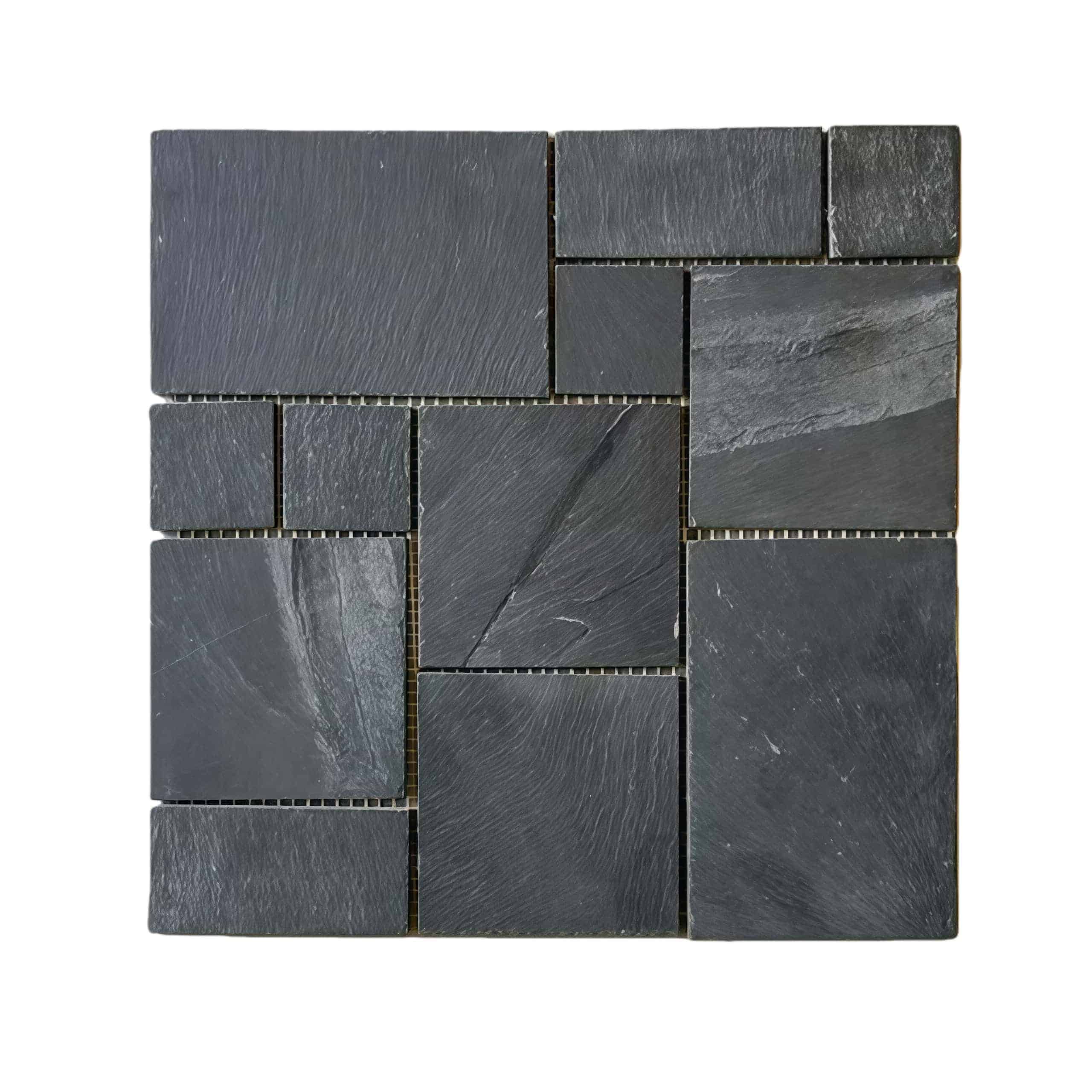 Dark gray slate tile with a textured surface and natural finish, arranged in a square pattern.