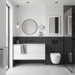 Black and white polka dot ceramic tiles with matte finish.