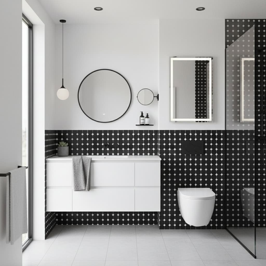 Black and white polka dot ceramic tiles with matte finish.