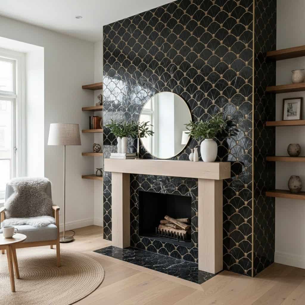 Black scallop-patterned tile with a glossy finish surrounds the fireplace, complemented by a white wooden mantel.