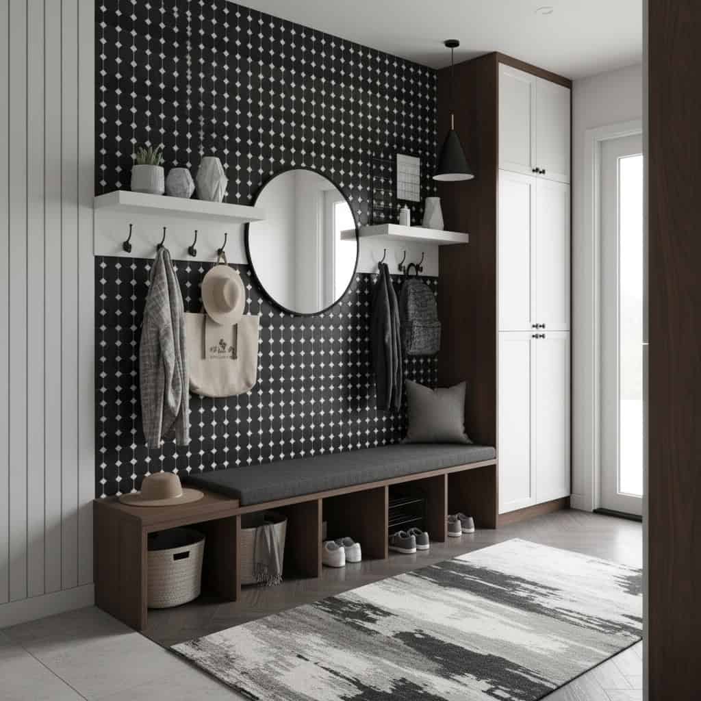Black and white patterned tile with textured surface in entryway.