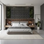 A sleek bedroom featuring a black and white patterned tile wall, complemented by wooden accents and lush green plants for a c.