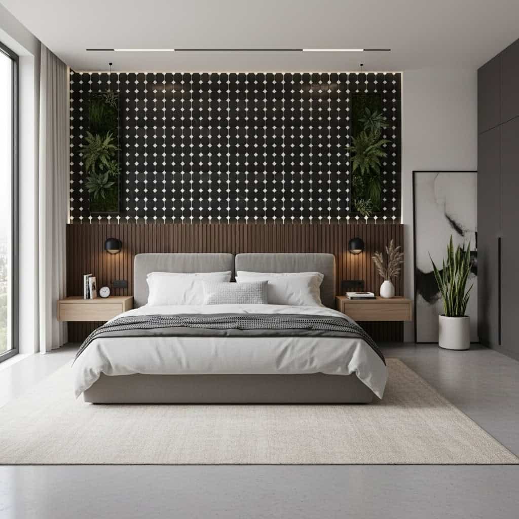 A sleek bedroom featuring a black and white patterned tile wall, complemented by wooden accents and lush green plants for a c.