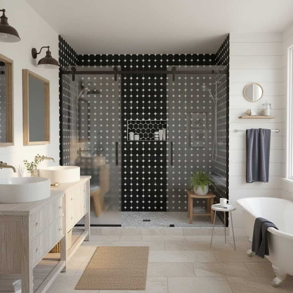 Black and white mosaic tile with textured surface in bathroom shower area.
