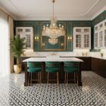 Patterned black and white tile flooring, teal and gold cabinetry, marble countertops, and a crystal chandelier.