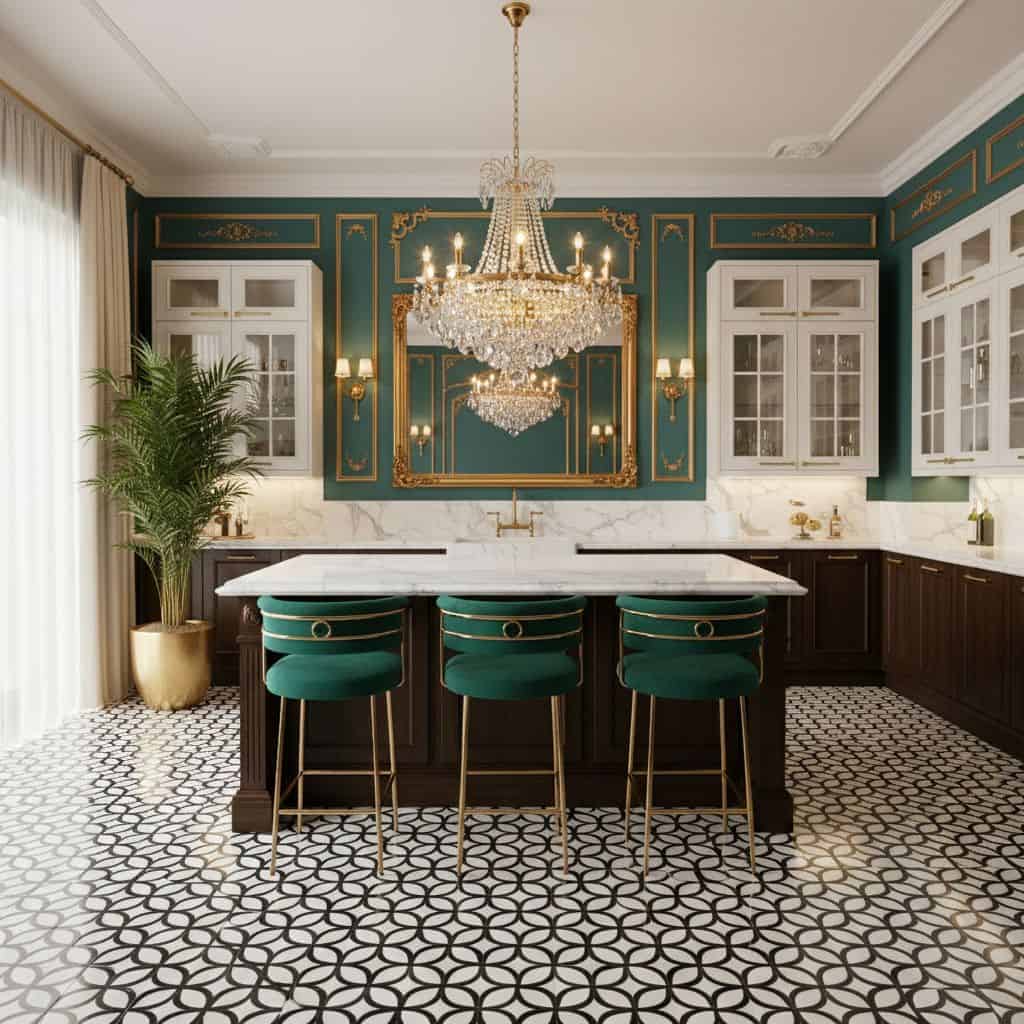 Patterned black and white tile flooring, teal and gold cabinetry, marble countertops, and a crystal chandelier.
