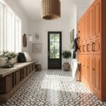 Stylish black and white patterned floor tile with textured surface in a bright, modern entryway.