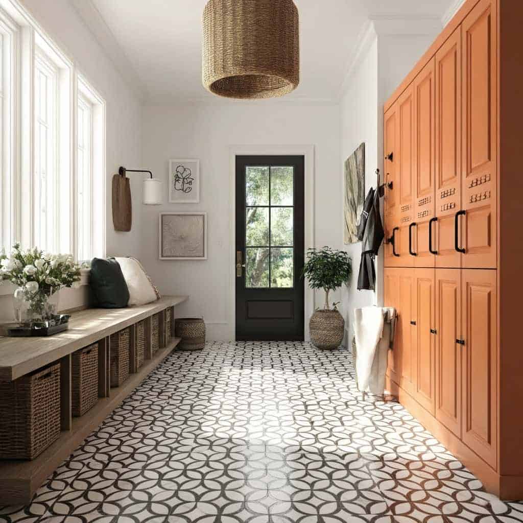 Stylish black and white patterned floor tile with textured surface in a bright, modern entryway.