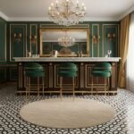A luxurious bar area with green and gold accents, featuring a marble countertop, ornate wall paneling, and plush green bar st.