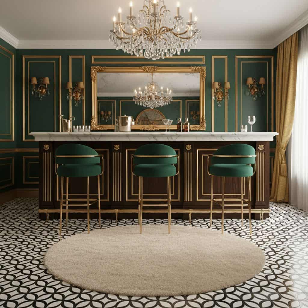 A luxurious bar area with green and gold accents, featuring a marble countertop, ornate wall paneling, and plush green bar st.