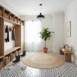 Bright entryway featuring wooden storage units, a large woven rug, and a potted plant. Minimalist decor with natural tones an.