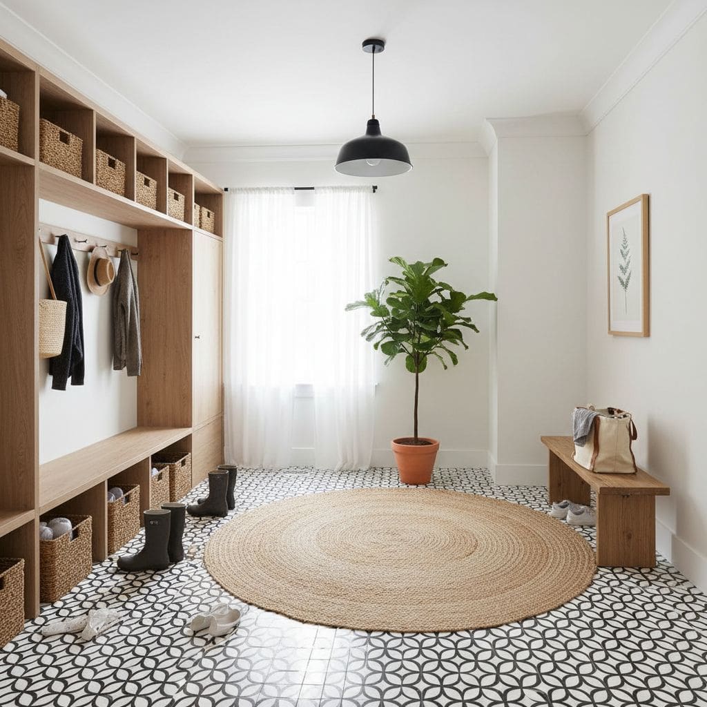 Bright entryway featuring wooden storage units, a large woven rug, and a potted plant. Minimalist decor with natural tones an.