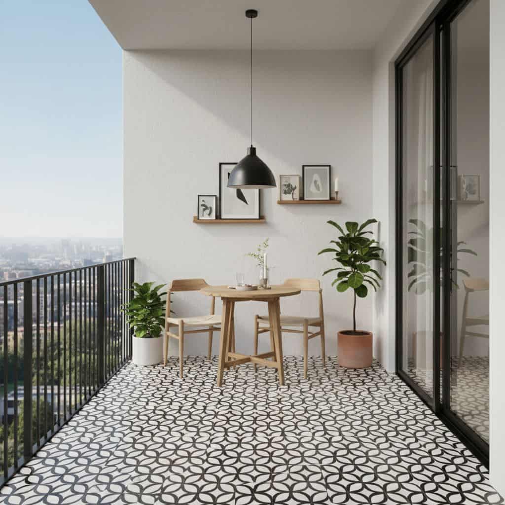 Bright balcony with black and white geometric tile flooring, potted plants, and modern decor.