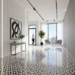 Bright, spacious living room with geometric patterned tile flooring and minimalist decor.